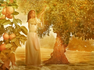 Vrouw in het paradijs die de vruchten der aarde plukt