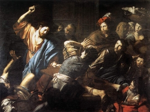 Schilderij van Carravagio van Christus die de geldwisselaars uit de Tempel verdrijft